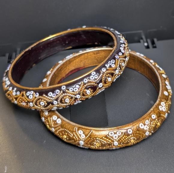 Hand Beaded Wood Bangles Gold White Seed Bead Boho Luxe Artisan Global Artisan - Picture 2 of 5